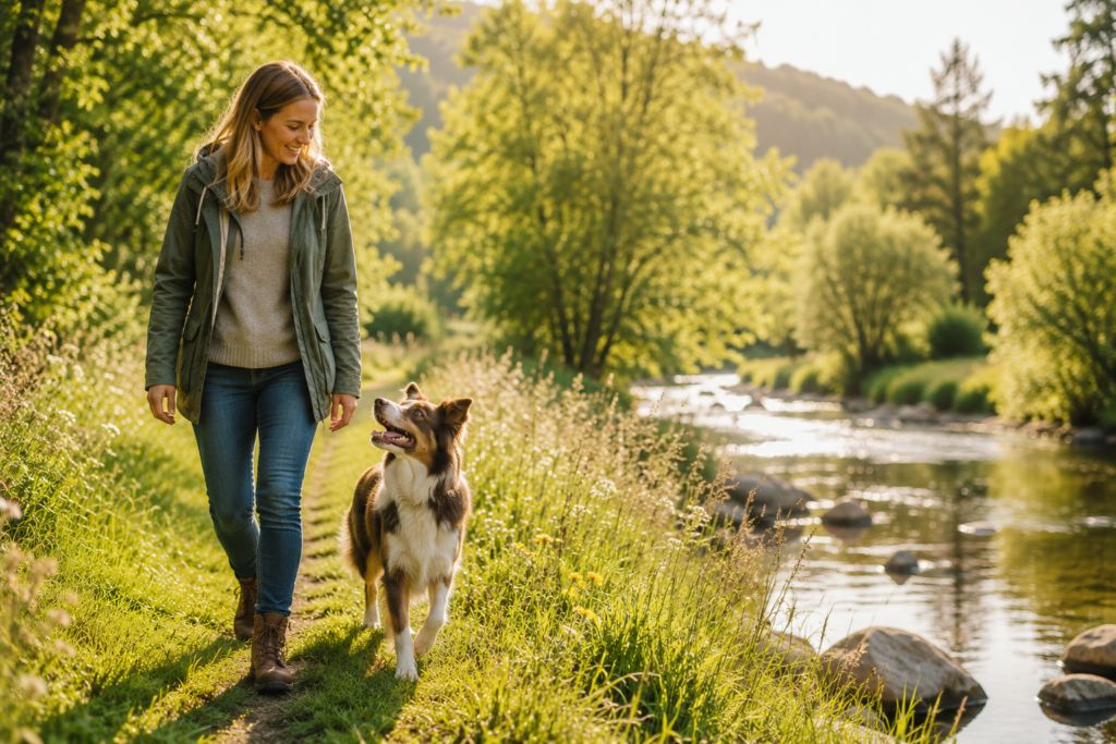 A dog and caregiver spending time together outdoors