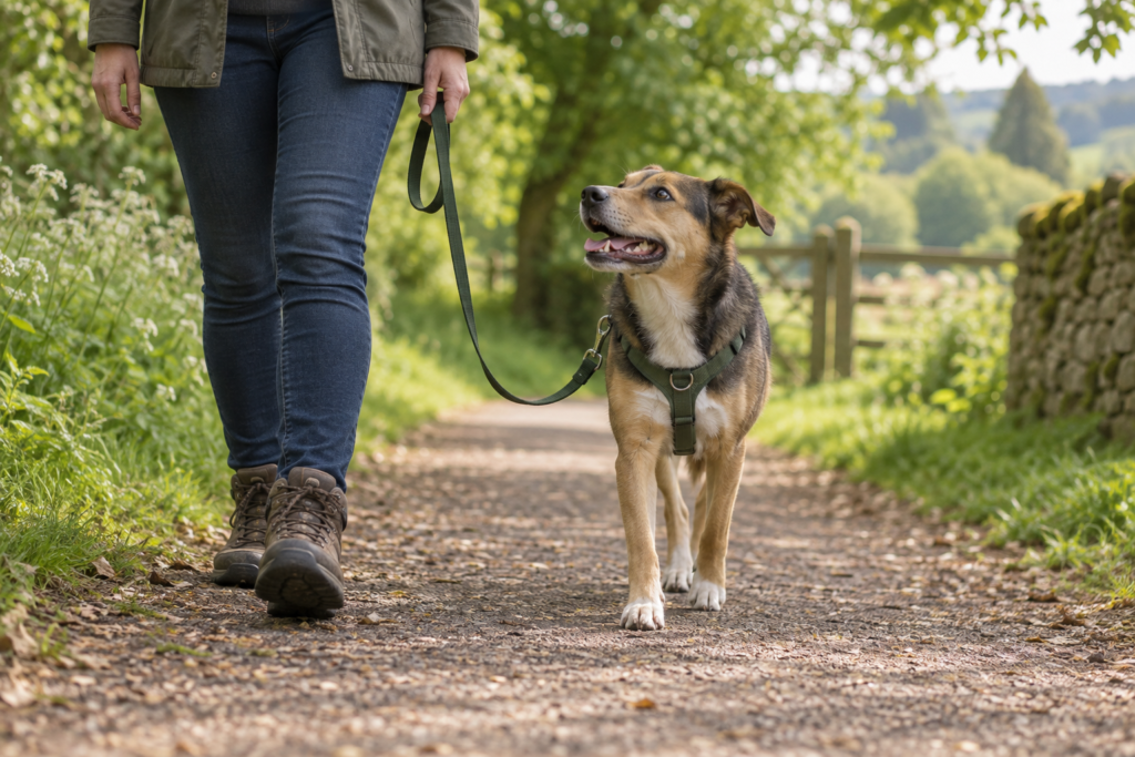 Dog walking calmly beside their owner on a loose lead